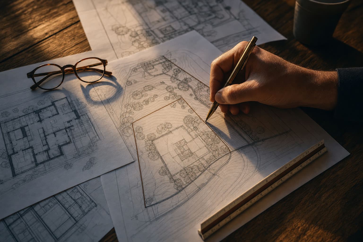 Site plans being reviewed and marked by hand