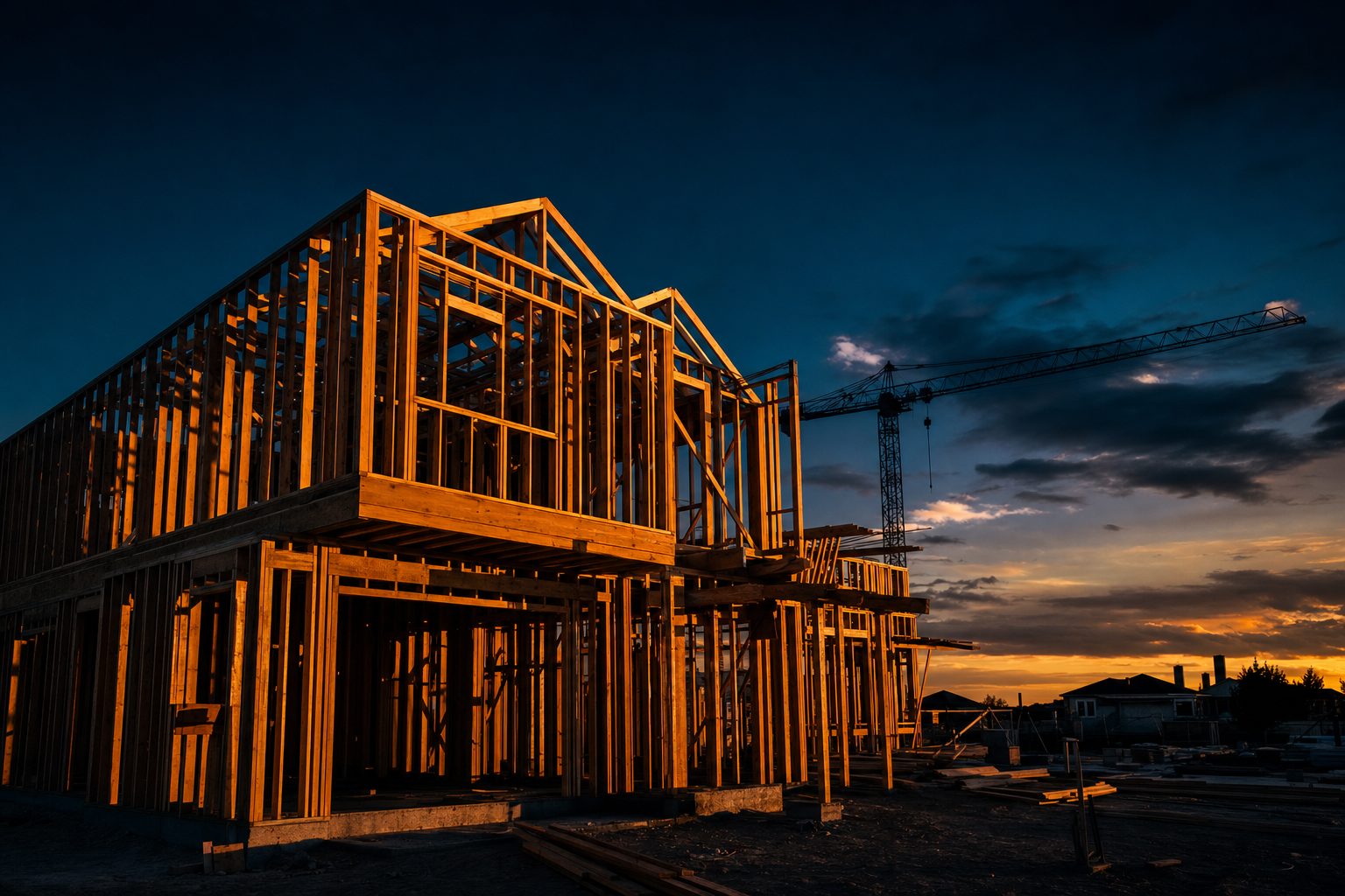 Active development site at dusk, homes in framing stage